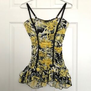 Rare Y2K Seduction Ruched Spaghetti Strap Top XS/S Fit Ruffle Hem Yellow Black